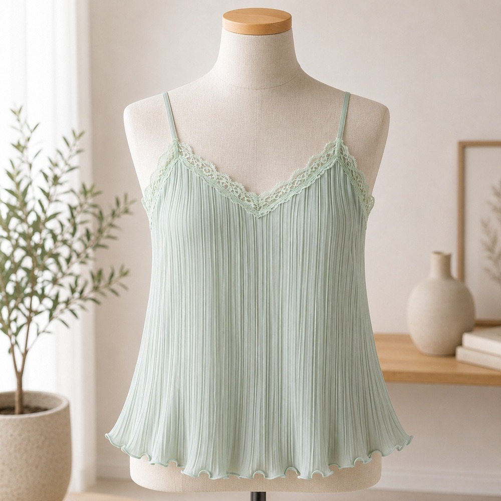 Lush Pleated Lace Trim‎ Cami Top Womens Large Sage Green Adjustable Straps